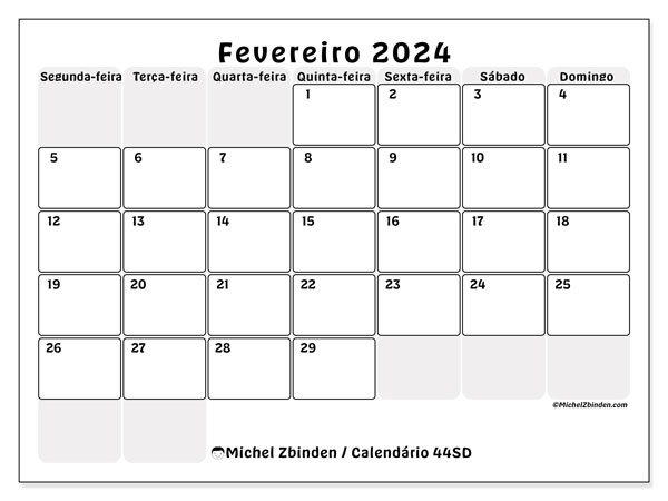 44SD, Fevereiro de 2024 calendário, para impressão, grátis.