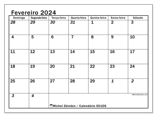501DS, calendário de fevereiro de 2024, para impressão, grátis.
