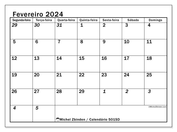 Calendário Fevereiro 2024, 501SD. Programa gratuito para impressão.