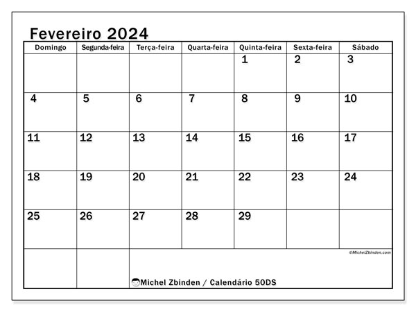 Calendário Fevereiro 2024 “50”. Programa gratuito para impressão.. Domingo a Sábado
