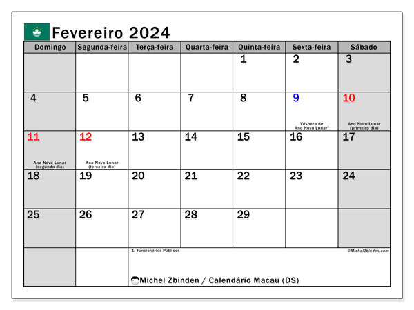 Calendário Fevereiro 2024 “Macau”. Calendário gratuito para imprimir.. Domingo a Sábado