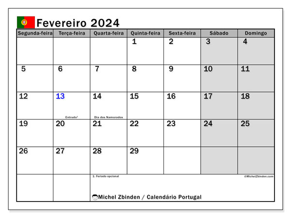 Calendário Fevereiro 2024 “Portugal”. Mapa gratuito para impressão.. Segunda a domingo