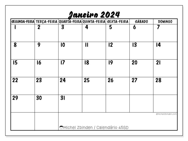 45SD, Janeiro de 2024 calendário, para impressão, grátis.