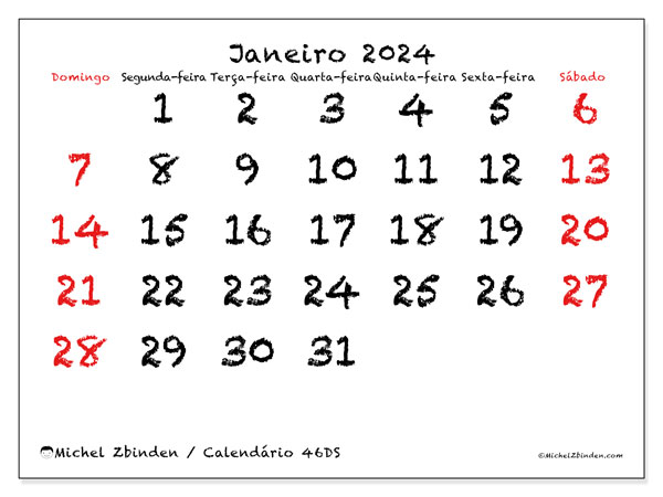 Calendário Janeiro 2024, 46DS. Calendário gratuito para imprimir.