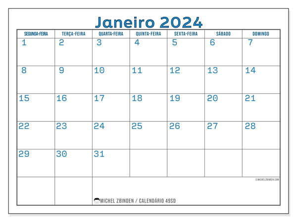 Calendário para imprimir, Janeiro 2024, 49SD