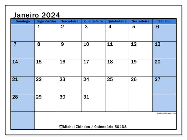 504DS, calendário de janeiro de 2024, para impressão, grátis.