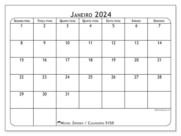 51SD, Janeiro de 2024 calendário, para impressão, grátis.