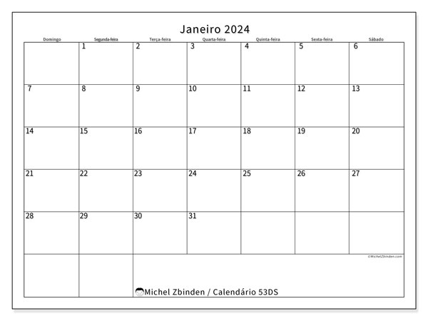 Calendário para imprimir, Janeiro 2024, 53DS