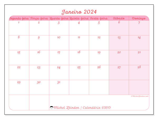 63SD, Janeiro de 2024 calendário, para impressão, grátis.
