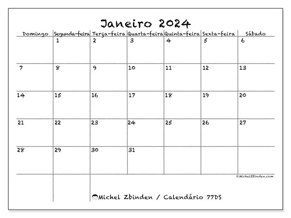 Calendário para imprimir, Janeiro 2024, 77DS