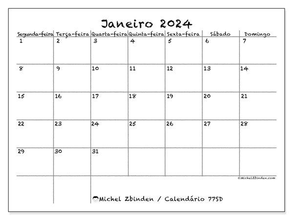 77SD, Janeiro de 2024 calendário, para impressão, grátis.