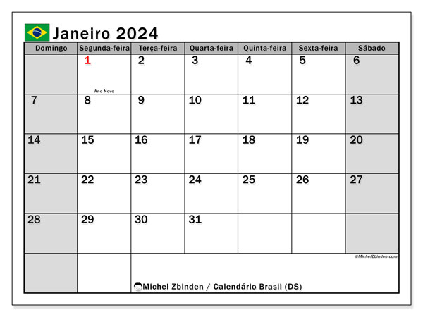 Kalender januari 2024, Brasilien (PT). Gratis utskrivbart program.