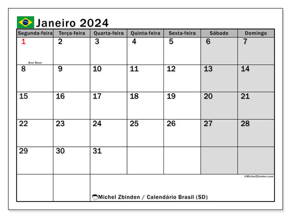 Kalender Januar 2024 “Brasilien”. Plan zum Ausdrucken kostenlos.. Montag bis Sonntag