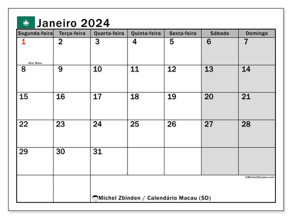 Kalenteri tammikuu 2024, Macao (PT). Ilmainen tulostettava lehti.