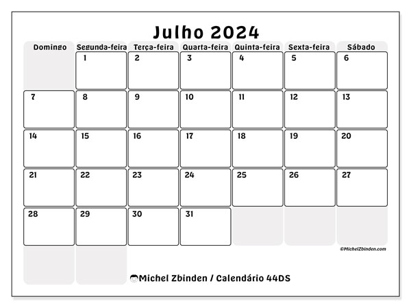 44DS, calendário de julho de 2024, para impressão, grátis.