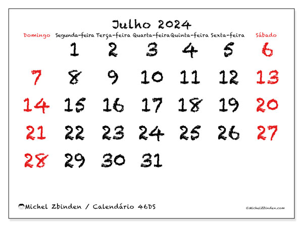 Calendário Julho 2024, 46DS. Horário gratuito para impressão.