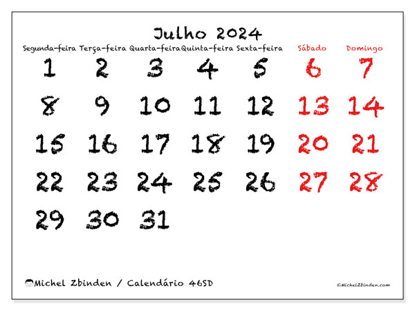 Calendário Julho 2024, 46DS. Horário gratuito para impressão.