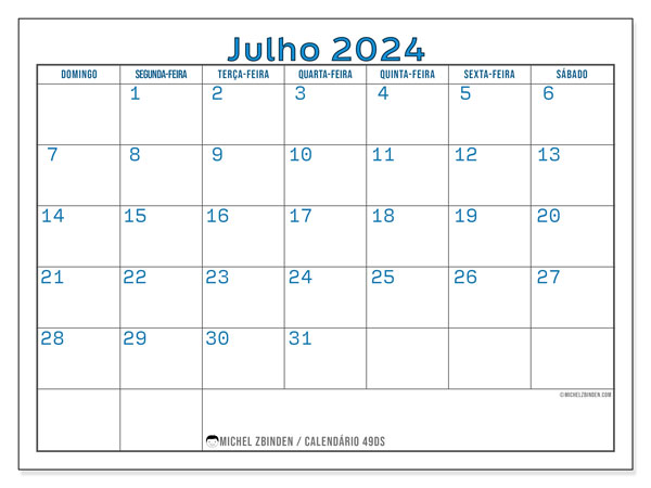 Calendário para imprimir, Julho 2024, 49DS