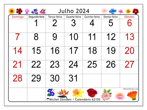 Calendário para imprimir, Julho 2024, 621DS