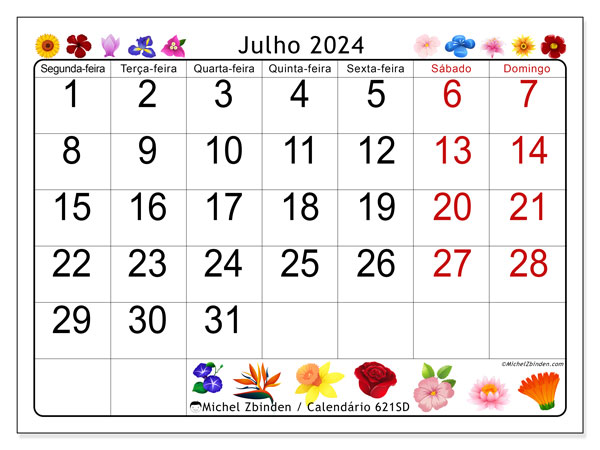 Calendário para imprimir, Julho 2024, 621SD