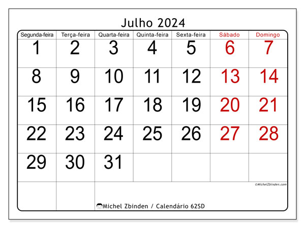 Calendário Julho 2024, 62SD. Horário gratuito para impressão.