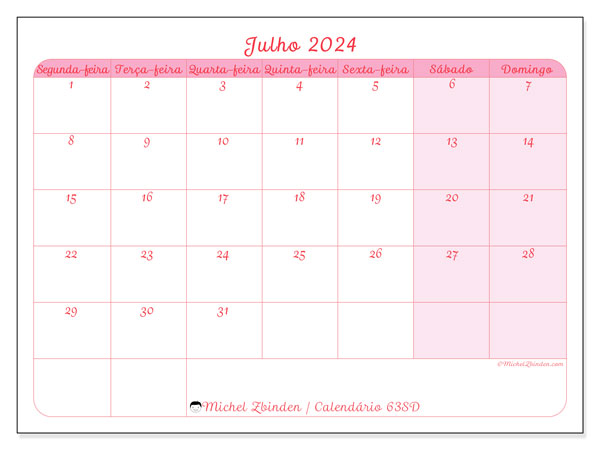 63SD, Julho de 2024 calendário, para impressão, grátis.
