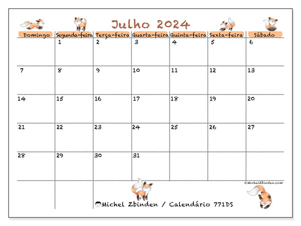 Calendário Julho 2024 “771”. Jornal gratuito para impressão.. Domingo a Sábado