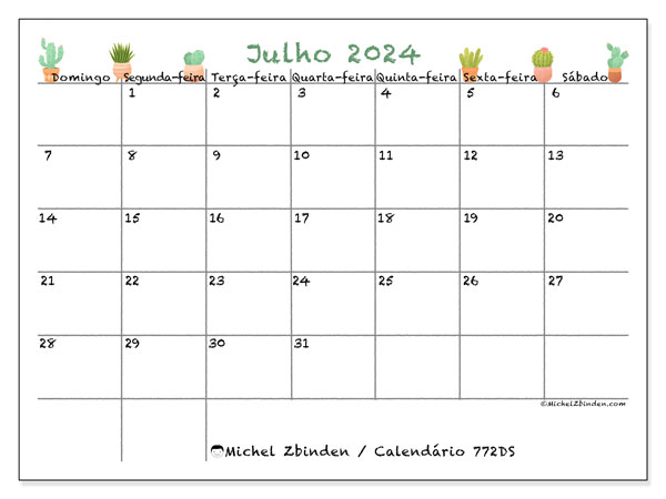 Calendário Julho 2024 “772”. Mapa gratuito para impressão.. Domingo a Sábado