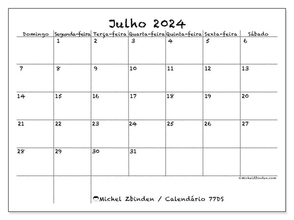 77DS, calendário de julho de 2024, para impressão, grátis.