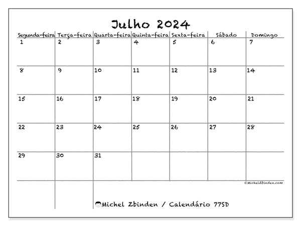 Calendário para imprimir, Julho 2024, 77SD