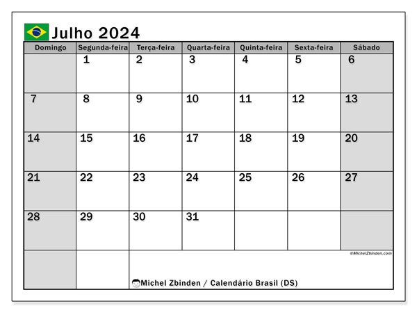 Kalender juli 2024 “Brazilië”. Gratis afdrukbaar programma.. Zondag tot zaterdag