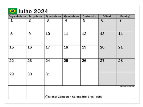 Calendário para imprimir, Julho 2024, Brasil (SD)