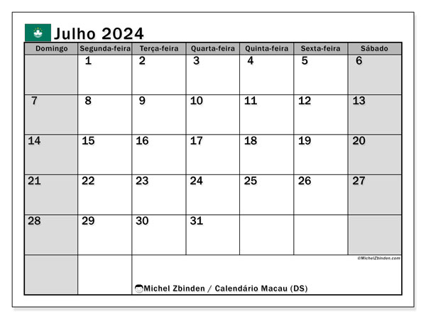 Calendário para imprimir, Julho 2024, Macau (DS)