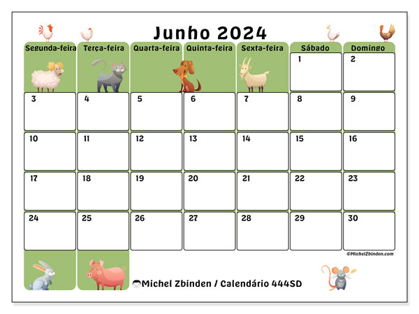 Calendário Junho 2024 “444”. Mapa gratuito para impressão.. Segunda a domingo