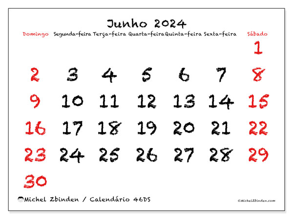 46DS, calendário de junho de 2024, para impressão, grátis.