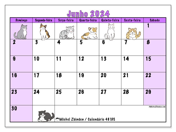 Calendário Junho 2024 “481”. Horário gratuito para impressão.. Domingo a Sábado