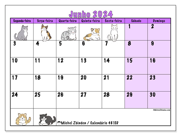 Calendário Junho 2024 “481”. Horário gratuito para impressão.. Segunda a domingo