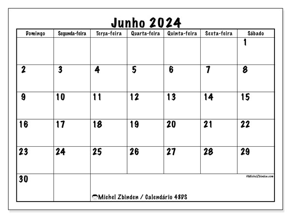 Calendário Junho 2024 “48”. Jornal gratuito para impressão.. Domingo a Sábado