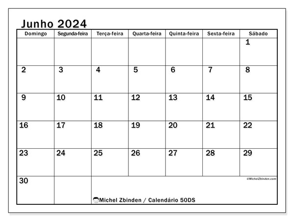 50DS, calendário de junho de 2024, para impressão, grátis.