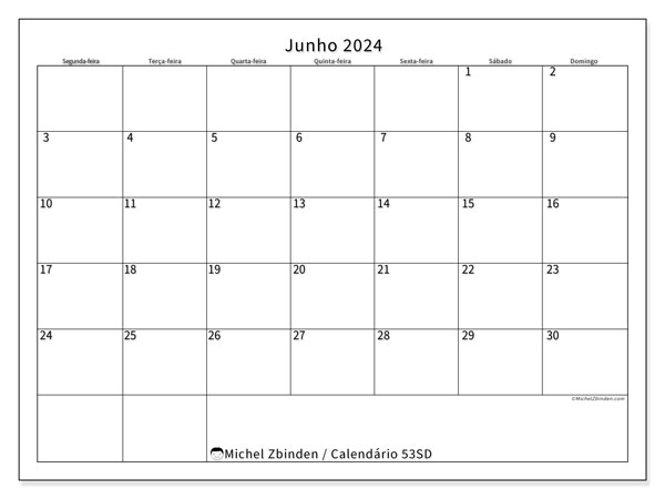 53SD, Junho de 2024 calendário, para impressão, grátis.