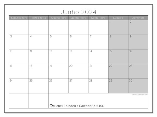 Calendário Junho 2024 “54”. Mapa gratuito para impressão.. Segunda a domingo