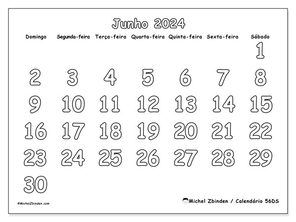 56DS, calendário de junho de 2024, para impressão, grátis.