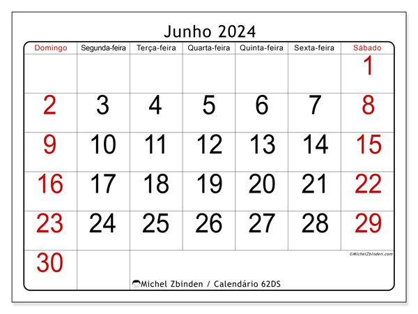 Calendário Junho 2024 “62”. Horário gratuito para impressão.. Domingo a Sábado