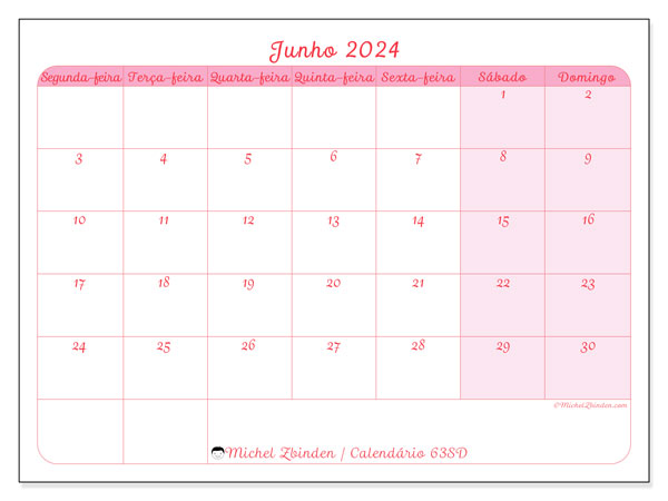 63SD, Junho de 2024 calendário, para impressão, grátis.