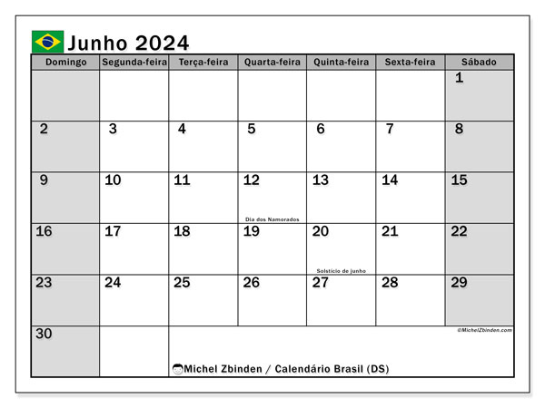 Calendário Junho 2024 “Brasil”. Mapa gratuito para impressão.. Domingo a Sábado