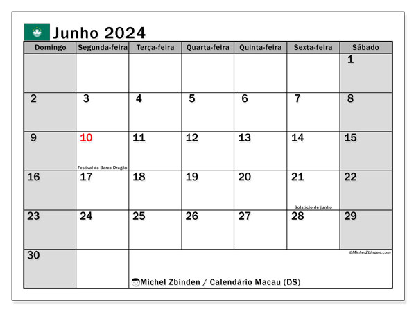 Calendário Junho 2024 “Macau”. Mapa gratuito para impressão.. Domingo a Sábado