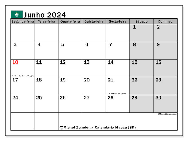 Calendário Junho 2024 “Macau”. Mapa gratuito para impressão.. Segunda a domingo