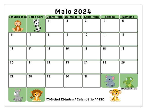 Calendário Maio 2024 “441”. Calendário gratuito para imprimir.. Segunda a domingo
