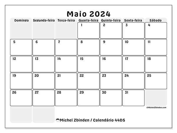 44DS, calendário de maio de 2024, para impressão, grátis.