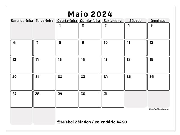Calendário Maio 2024 “44”. Jornal gratuito para impressão.. Segunda a domingo